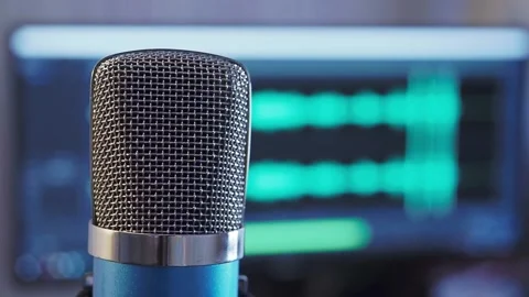 Close-up microphone with waveform in the background Stock Footage 155488969