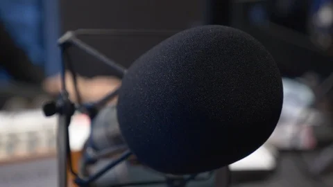 Close-up of microphone with windscreen in a professional radio station. Stock Footage 100300241
