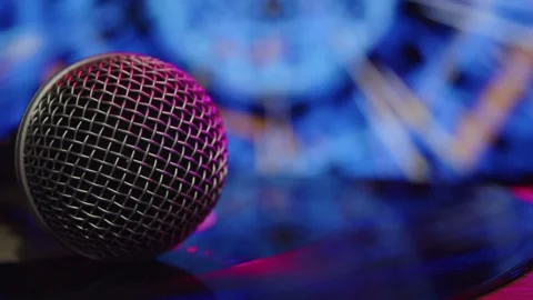 Close-up of microphones on the vinyl record Video stock 241346728