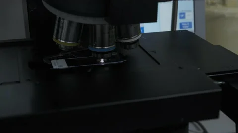Close up of microscope at the blood laboratory Stock Footage 148193066