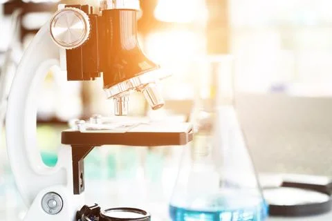 Close up of microscope at laboratory, Concept Science and Technology Foto stock