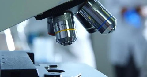 Close up of microscope in laboratory with copy space Stock-Fotos