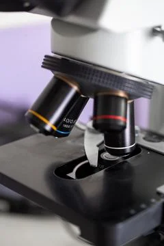 Close up microscope, laboratory microscope for analysis Stock Photos