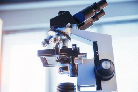 Close up of microscope at the laboratory. Stock Photos