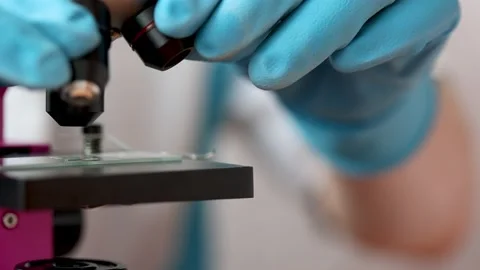 Close-up of microscope lens with sample in laboratory Stock Footage 154577852