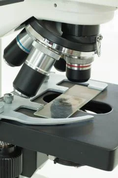Close up of microscope lenses focused on a specimen Foto stock