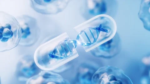 Close up of microscopic capsule containing DNA helix surrounded by cells sc.. Video stock 332227060