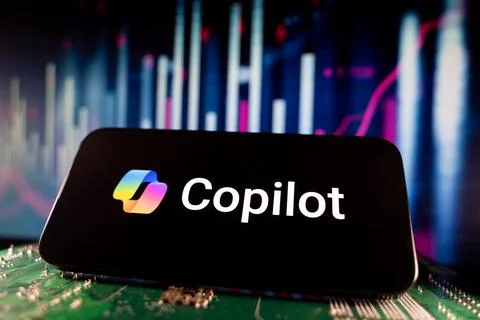 Close up of Microsoft Copilot logo on smartphone screen with technology and Stock Photos