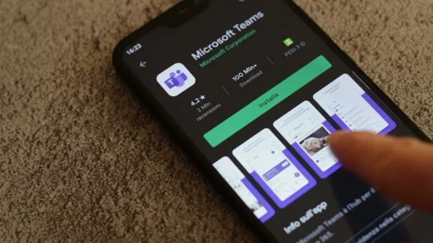 Close-up of Microsoft Teams business application in Google play store Stock Footage 147350964