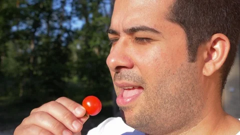 Close up of a middle age farmer man eating a cherry tomato. Stock Footage 112759185