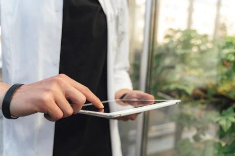 Close up midsection of agronomy scientist analyzing plant health using digital Stock Photos