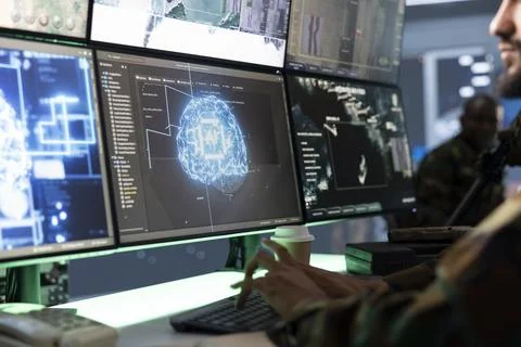 Close up of military operator using AI machine learning Stock Photos