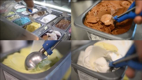 Close Up milk and Fruit Ice Cream Scooping Out Of Container to a Cone Stock Footage 102890679