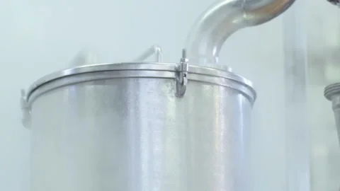 Close Up Of Milk Container Emitting Vapour Cloud In The Production Process Video stock 223625331