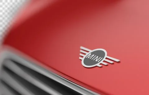 Close-up of the Mini emblem on the front hood of the red Mini Cooper Countr.. Stock Illustration