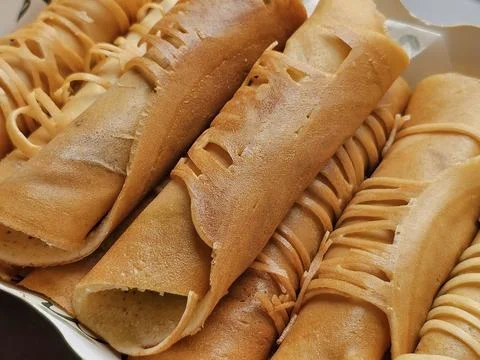 Close up. Mini Pancake Rolls or Tokyo dessert is the name of a Thai dessert Stock Photos