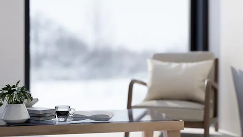A close-up of a minimalist coffee table and an armchair by the window in a .. Stock Illustration