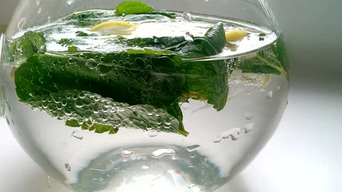 Close up of mint leveas with lemon and soda Stock Footage 83026413