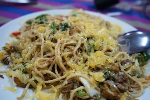 Close up Mixed cheesy spaghetti Stock Photos