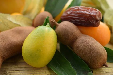 Close up on mixed exotic fruit. Stock Photos