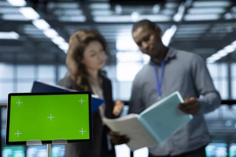 Close up of mockup device used by server hub IT specialists doing brainstorming 스톡 사진