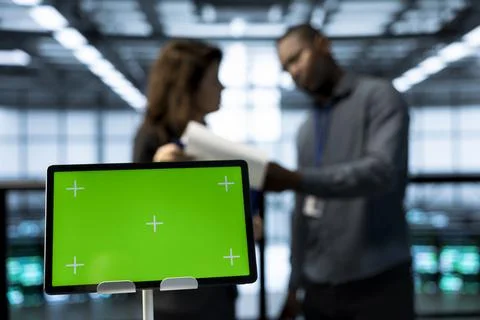 Close up of mockup device used by teamworking server hub IT experts Foto stock