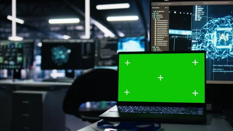 Close up of mockup laptop in data center doing neural network visualization Stock Footage 313635156