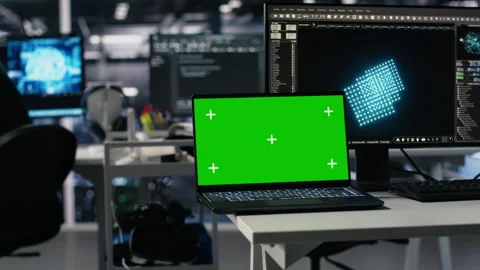 Close up of mockup laptop in server room where worker uses AI Stock Footage 313566240