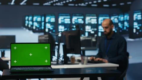 Close up of mockup notebook used by admin protecting servers from intrusions Foto stock