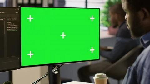 Close up of mockup PC used by IT expert monitoring company systems 写真素材