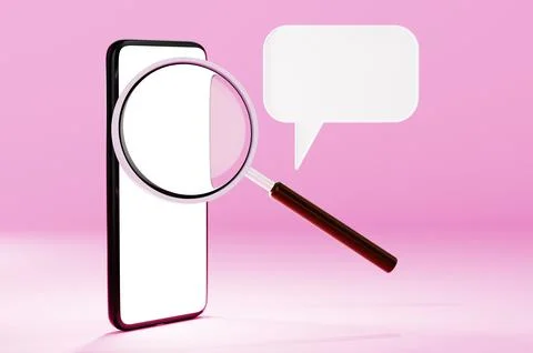 Close-up of a mockup smartphone with a white screen through a magnifying glas 스톡 일러스트