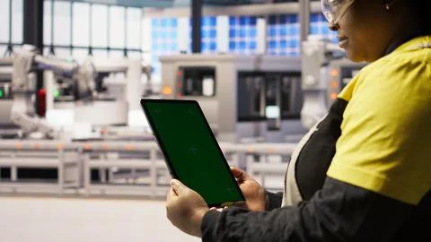 Close up of mockup tablet used by engineer in factory to perform maintenance Stock Photos