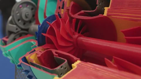 Close-up of a model of a gas turbine engine printed on a 3D printer. Stock Footage 249930256