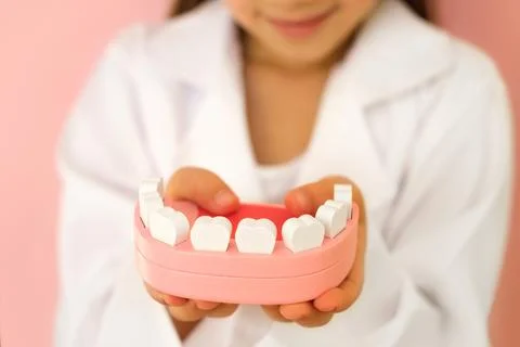 A close-up model of a human jaw in the hands of a doctor. Stock Photos