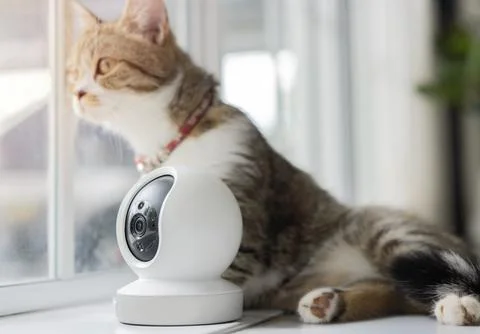 Close up Modern CCTV security camera operating on the floor with cute tubby.. Stock Photos
