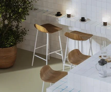 Close-up of modern coffee shop interior with white tiled walls, bar stools,.. Stock Illustration