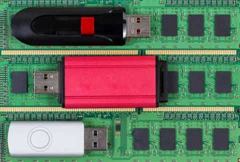 Close up of modern data backup thumb drives and memory chips Stock Photos