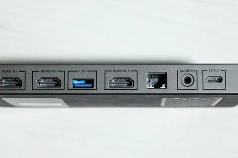 Close-up of a modern electronic device's rear panel with multiple input and.. 写真素材