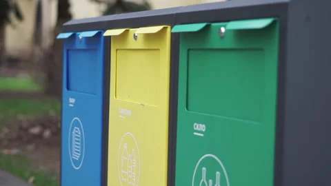 Close up modern garbage cans for garbage sorting. Sorting garbage, save planet Video stock 184892756