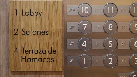 Close Up of Modern Hotel Elevator Control Panel and Wood Directory Stock Footage 333792784
