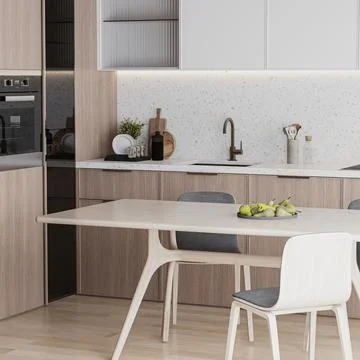 Close up of modern kitchen interior with built-in stove, kitchen cabinets and Stock Illustration