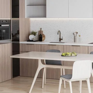 Close up of modern kitchen interior with built-in stove, kitchen cabinets ... Stock Photos