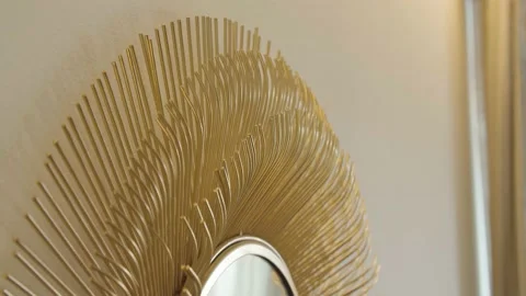 Close Up of Modern Mirror with Golden Thin Steels on a Clean Wall  / Design Stock Footage 132173066