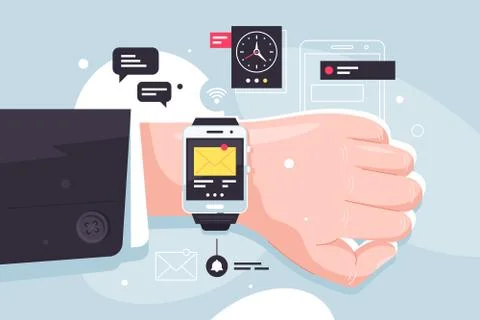 Close up modern mobile smart watch on businessman hand. Stock Illustration