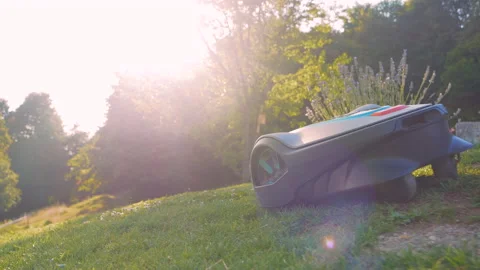 CLOSE UP: Modern robotic lawn mower cutting green grass in garden on a sunny day Stock Footage 220069462