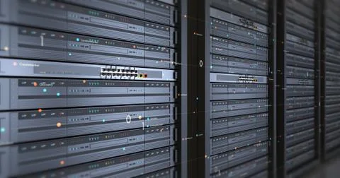 Close Up Modern Server In a Data Center. Futuristic 3D Render. Illustrazione stock