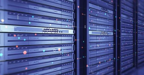 Close Up Modern Server In a Data Center. Futuristic 3D Render. Illustrazione stock