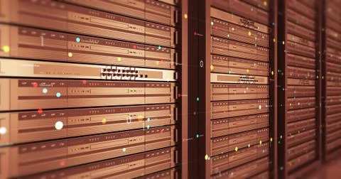 Close Up Modern Server In a Data Center. Futuristic 3D Render. Stock Illustration