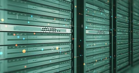 Close Up Modern Server In a Data Center. Futuristic 3D Render. Stock Illustration