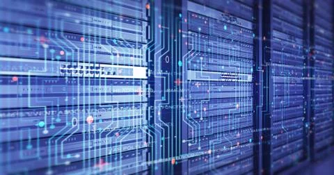 Close Up Modern Server In a Data Center. Futuristic 3D Render. Stock Illustration